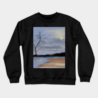 Cloudy beach scene with lone tree and nesting birds Crewneck Sweatshirt